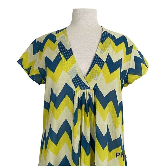 Isle of Mine Womens Dress Yellow Blue Chevron Stripe Cotton Beach Cover Up S/M - Picture 3 of 6
